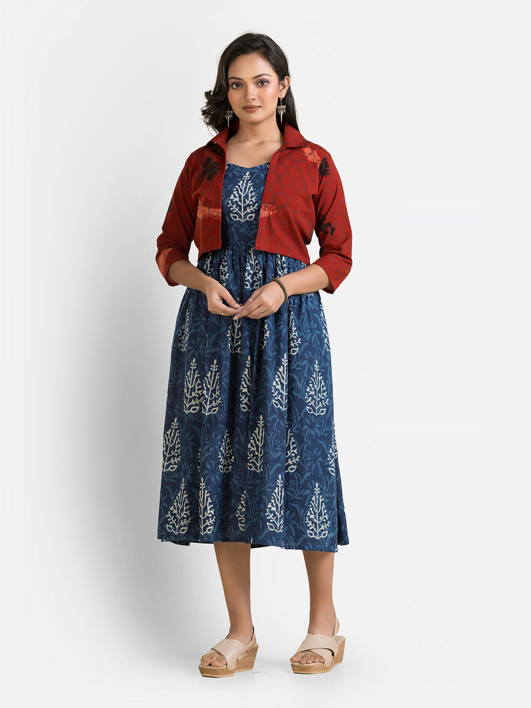 Women's Blue Gown With Maroon Jacket