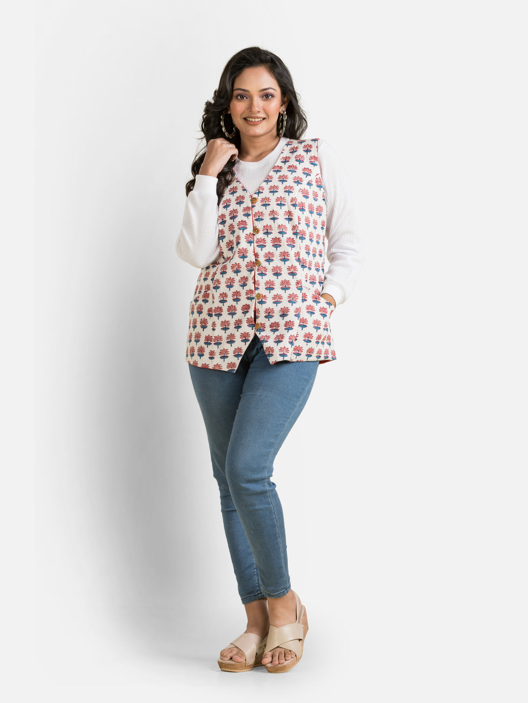 Women's Handblock Cotton White Jacket - Crazy Needle Online