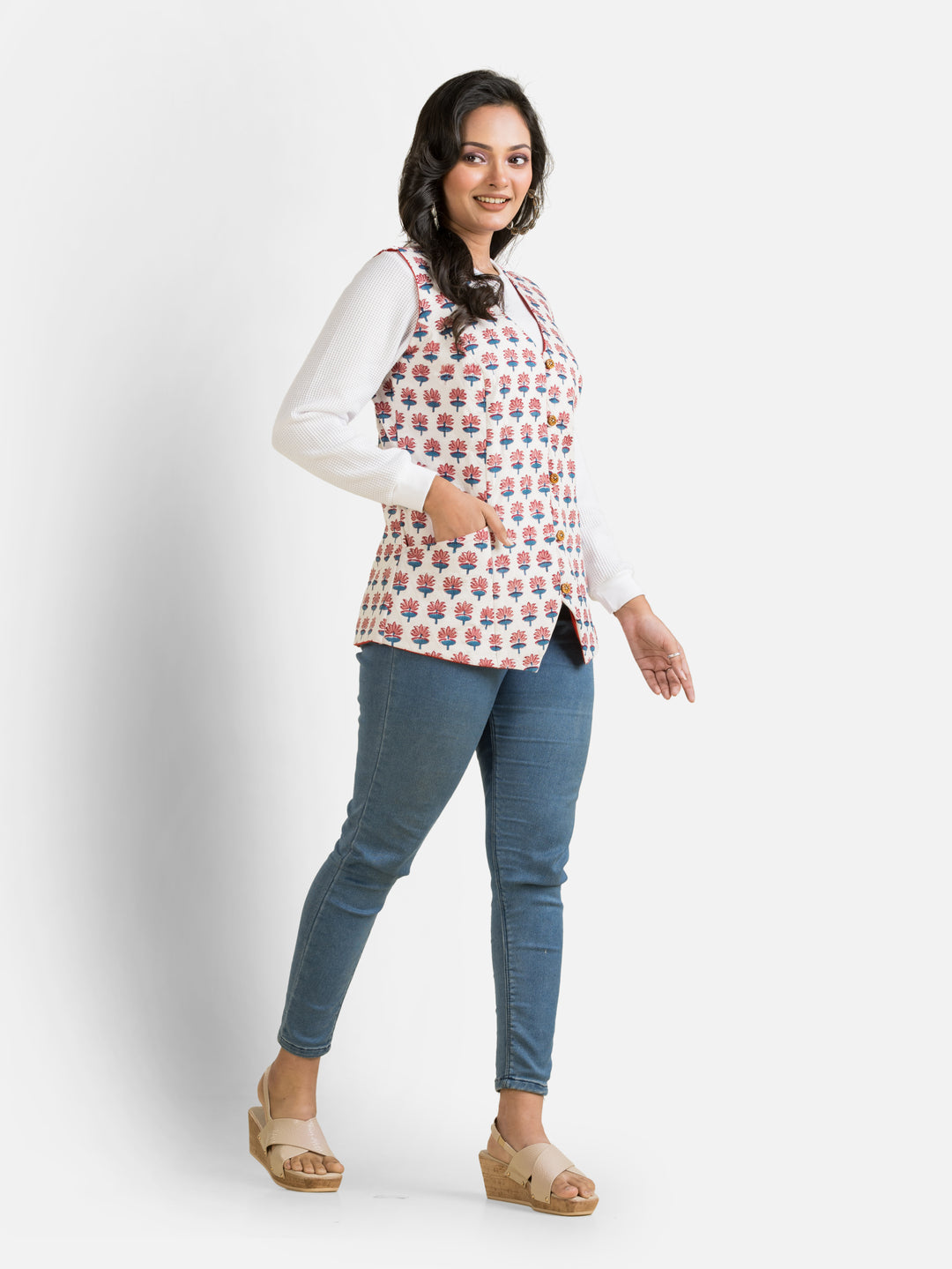 Women's Handblock Cotton White Jacket