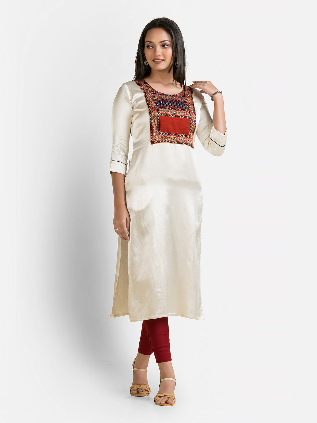 Women's Mashru Patchwork White Kurti