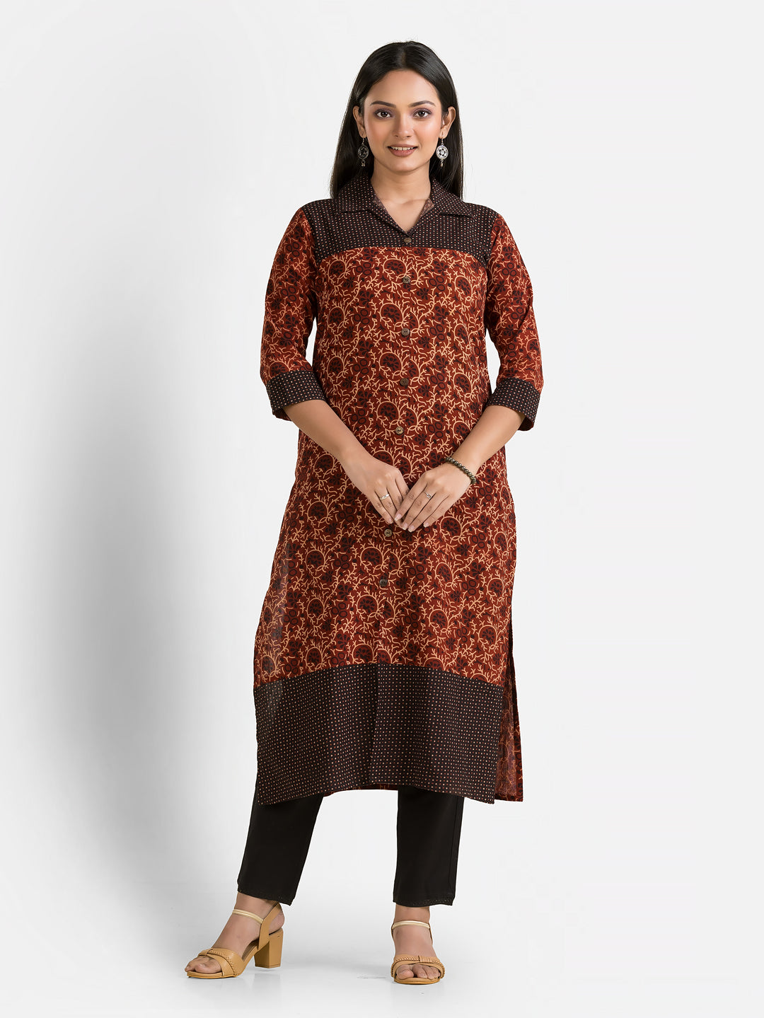 Women's Ajrakh Printed Maroon Collar Kurti