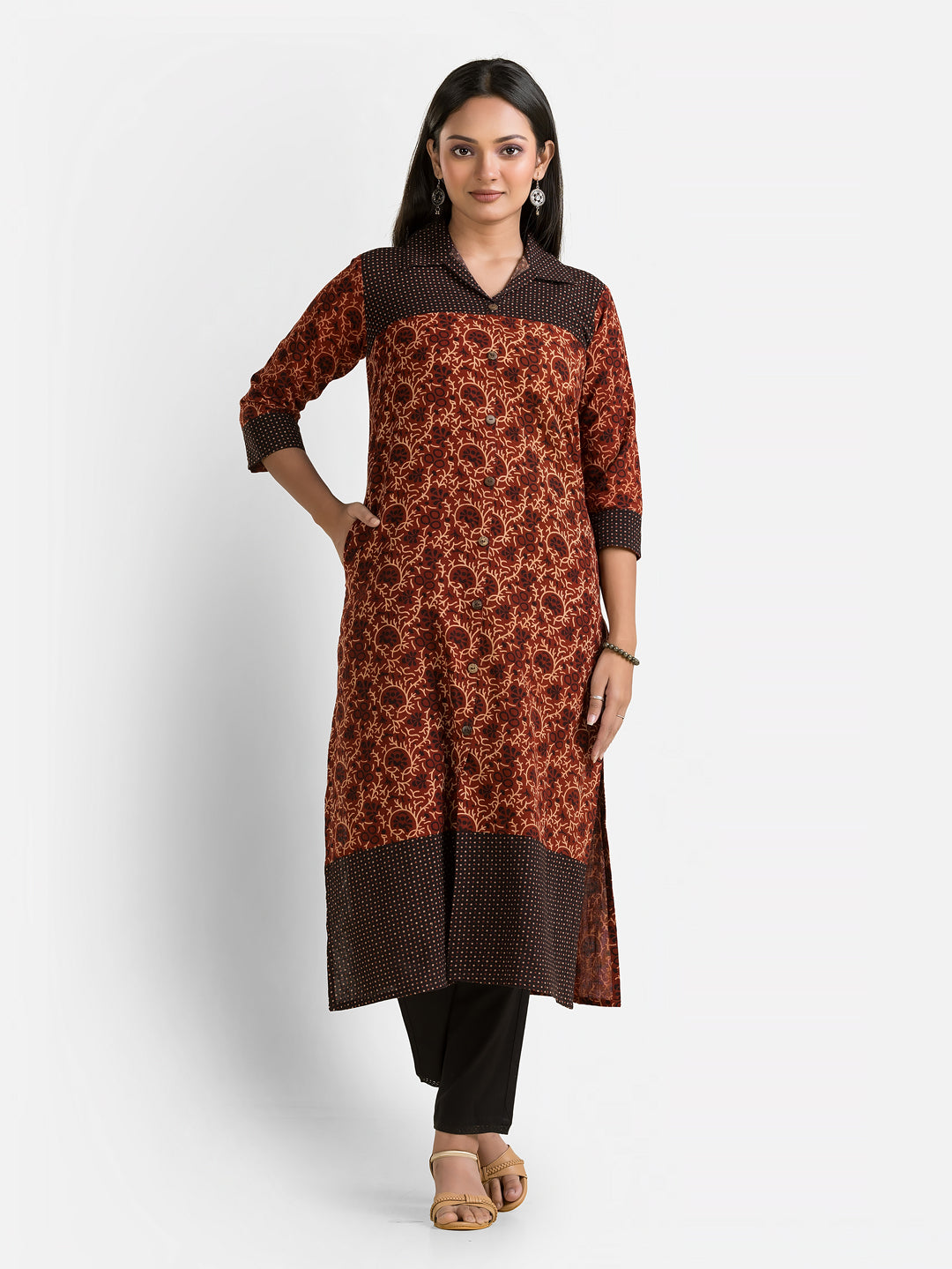 Women's Ajrakh Printed Maroon Collar Kurti