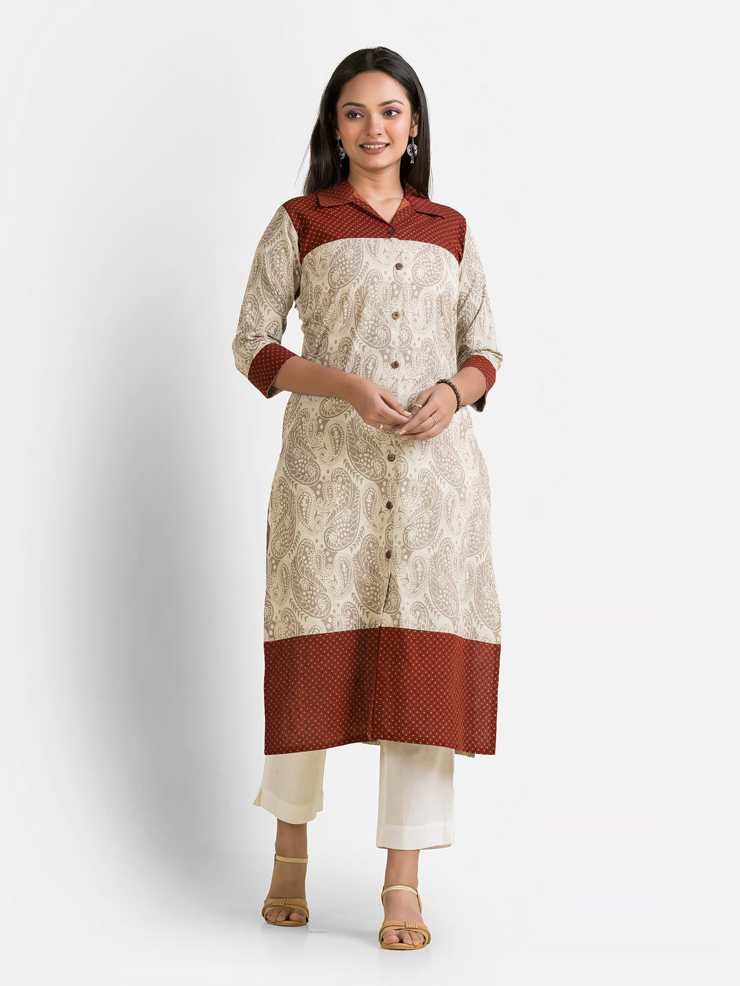 Women's Ajrakh Printed Cream Collar Kurti