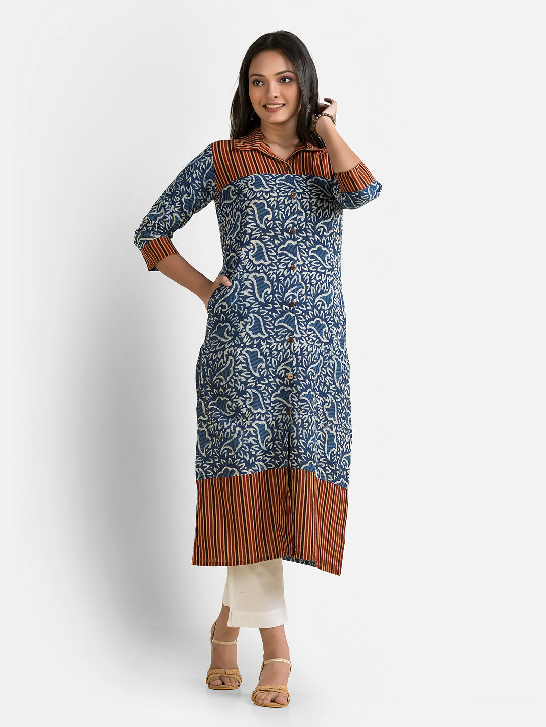 Women's Ajrakh Printed Indigo Collar Kurti