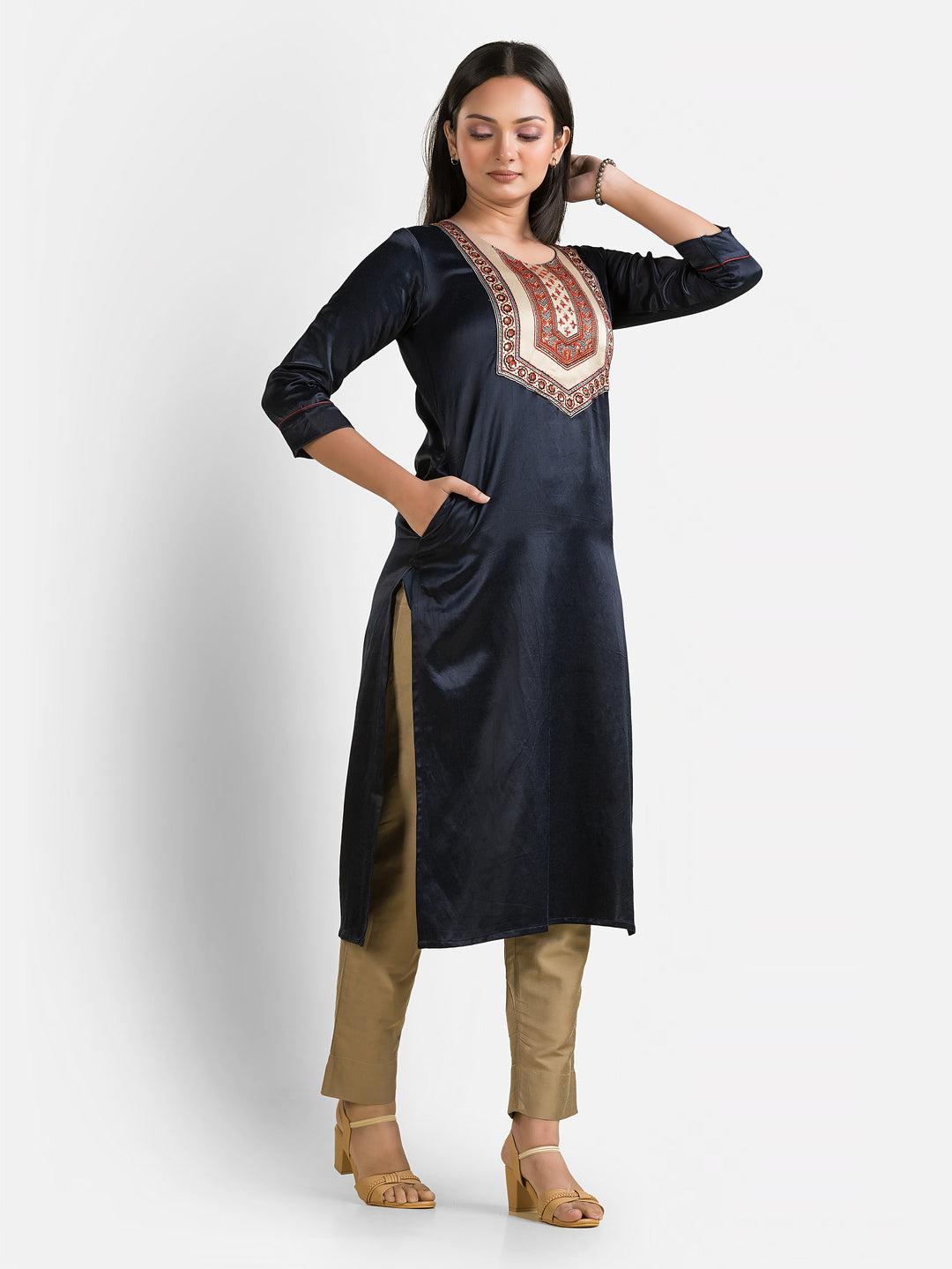 Women's Mashru Patchwork Navy Kurti