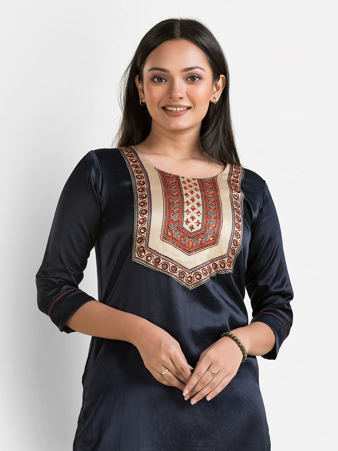 Women's Mashru Patchwork Navy Kurti - Crazy Needle Online