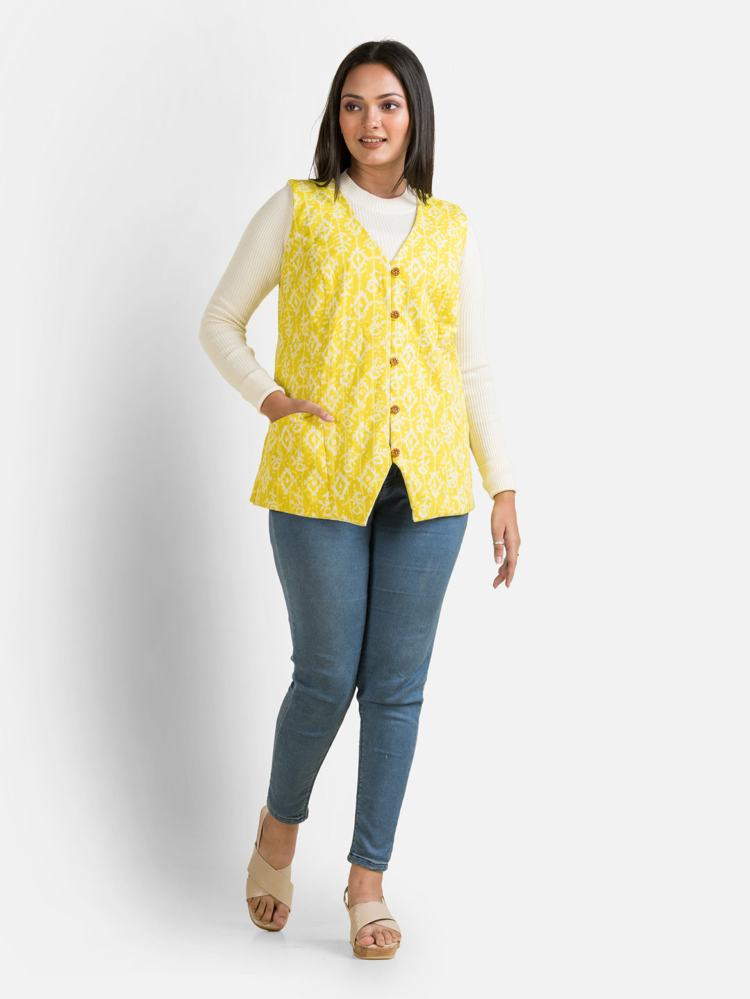 Women's Handblock Cotton Yellow Jacket