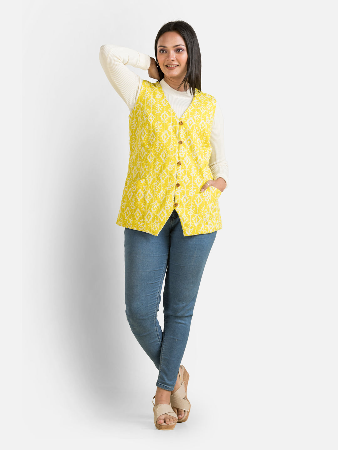Women's Handblock Cotton Yellow Jacket