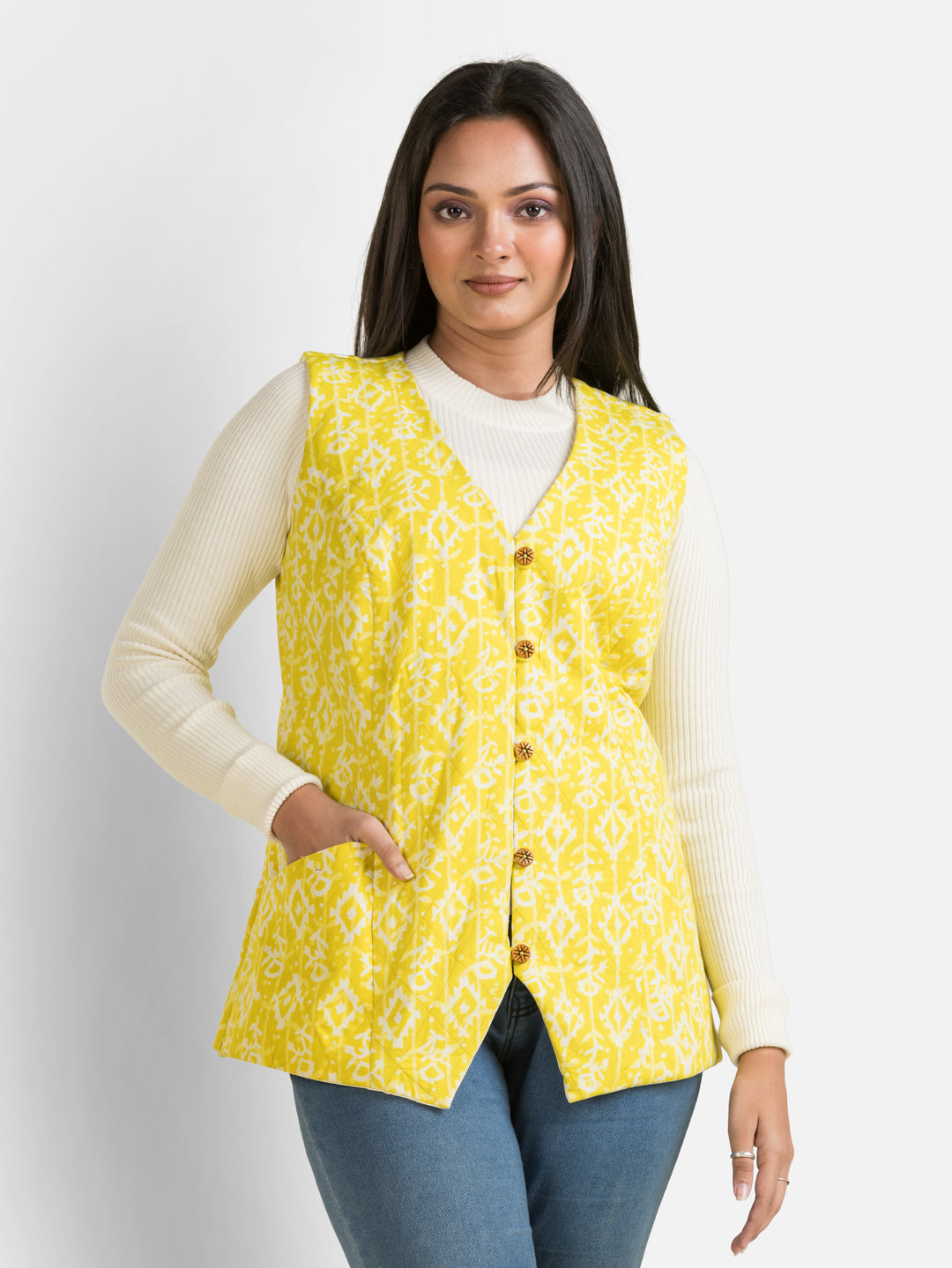 Women's Handblock Cotton Yellow Jacket
