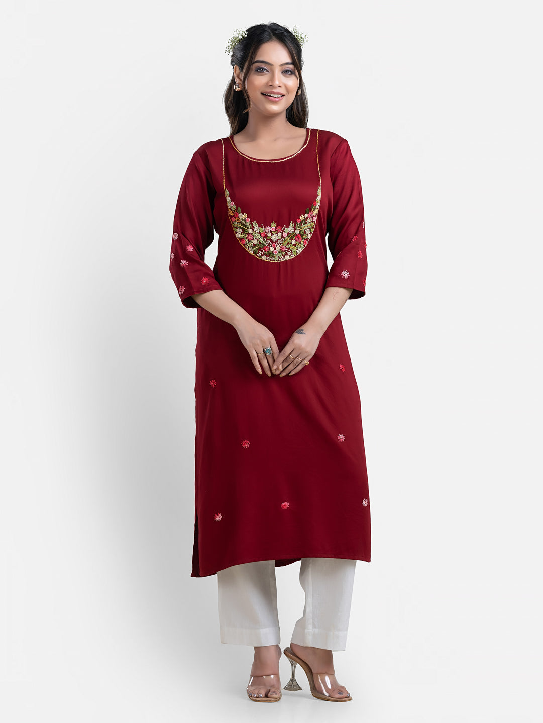 Women's 3/4th Sleeves Thread Work Maroon Kurti