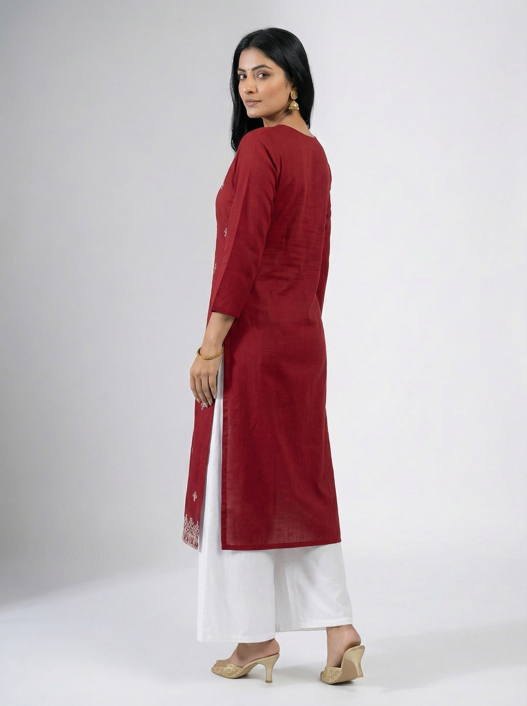 Maroon women's hand work kurti with intricate embroidery, stylish kurta for women by Crazy Needle Online.