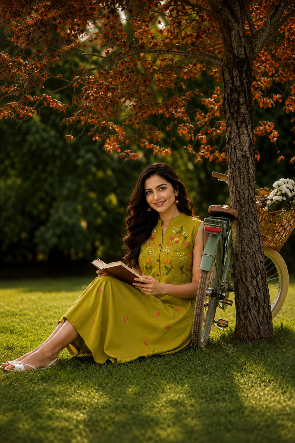 Women's Green Floral Embroidered Halterneck Dress