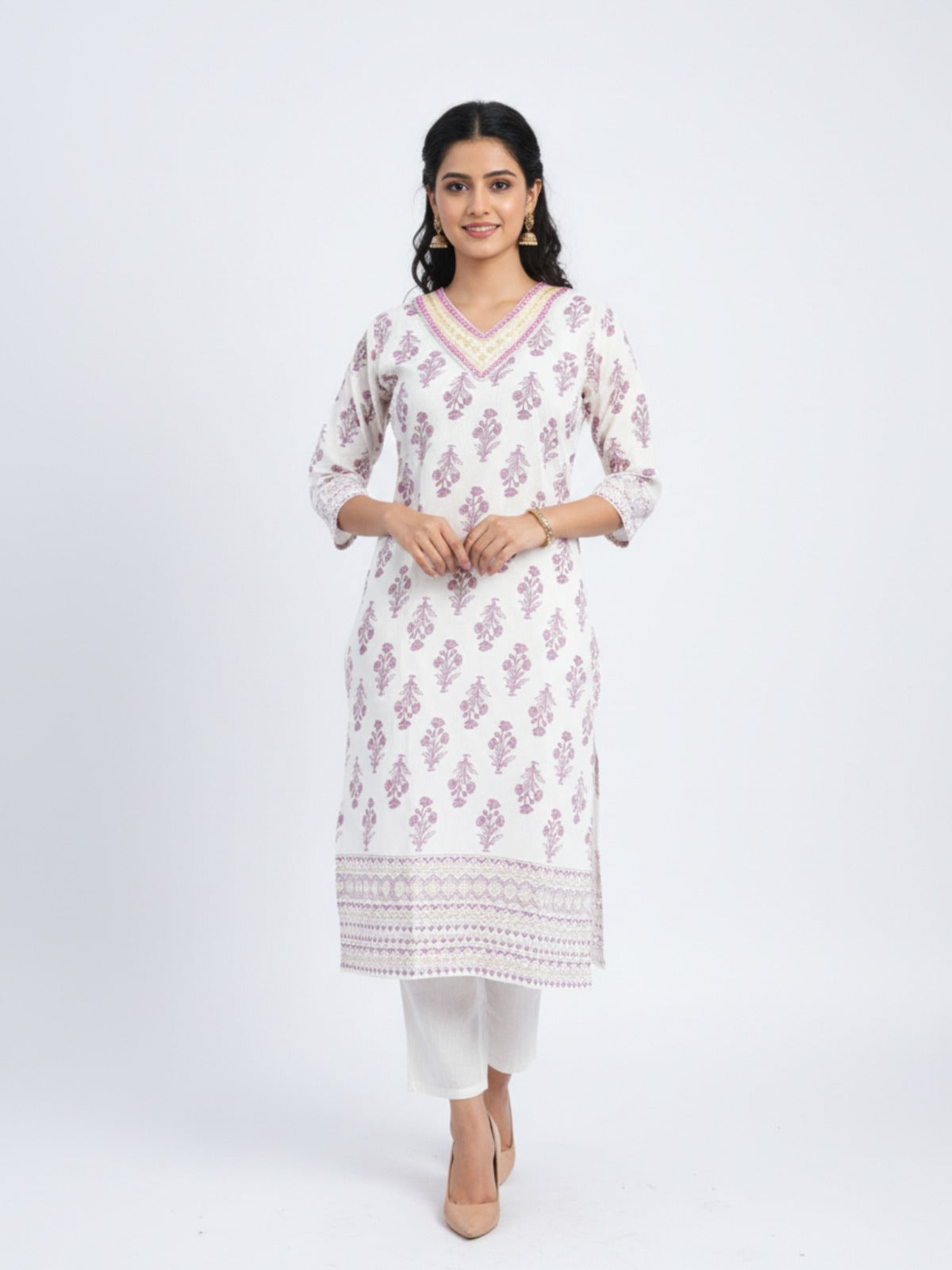 Women's V Neck 3/4th Sleeves Kurti