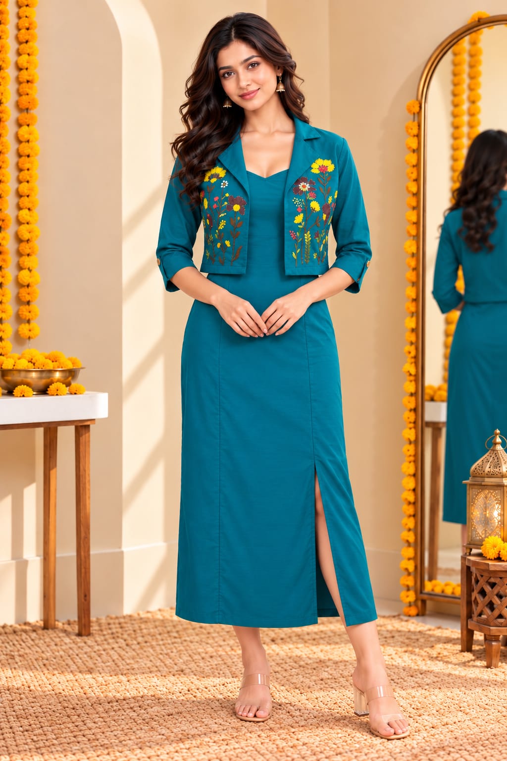 Women's blue dress with matching jacket by Crazy Needle Online, featuring stylish fabric and elegant design, ideal for casual or formal wear.