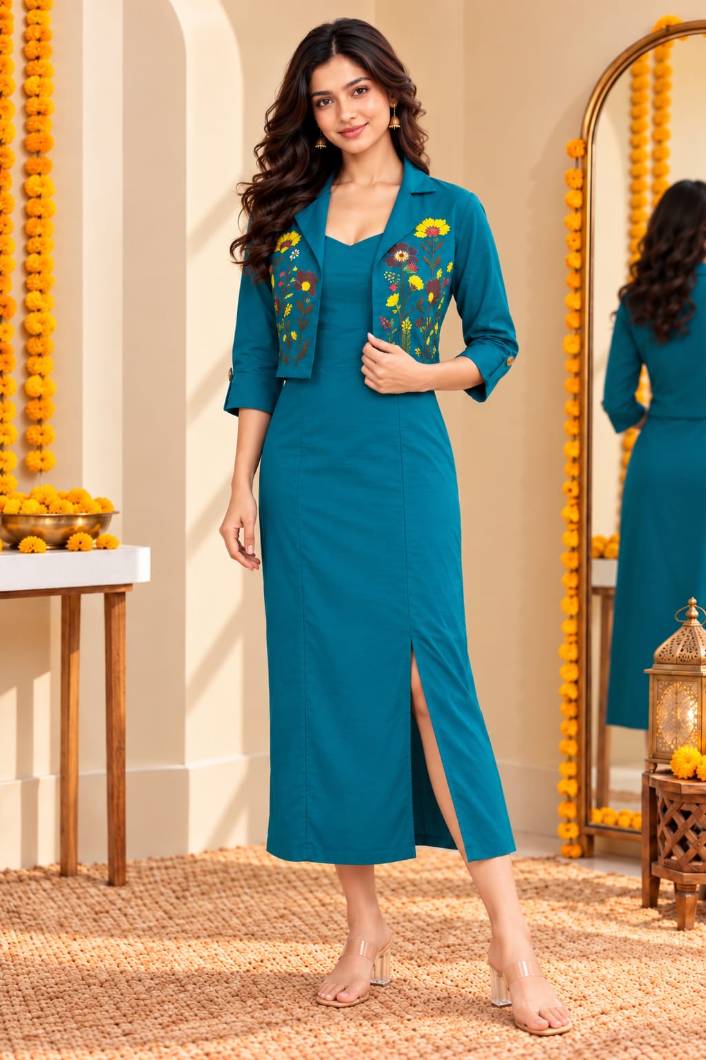 Women's blue dress with matching jacket by Crazy Needle Online, featuring a stylish, elegant outfit perfect for casual or semi-formal occasions.