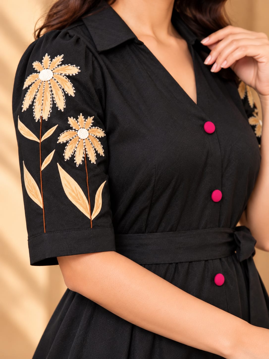 Women's hand-painted black dress by Crazy Needle Online, featuring intricate artistic designs on a stylish dress.