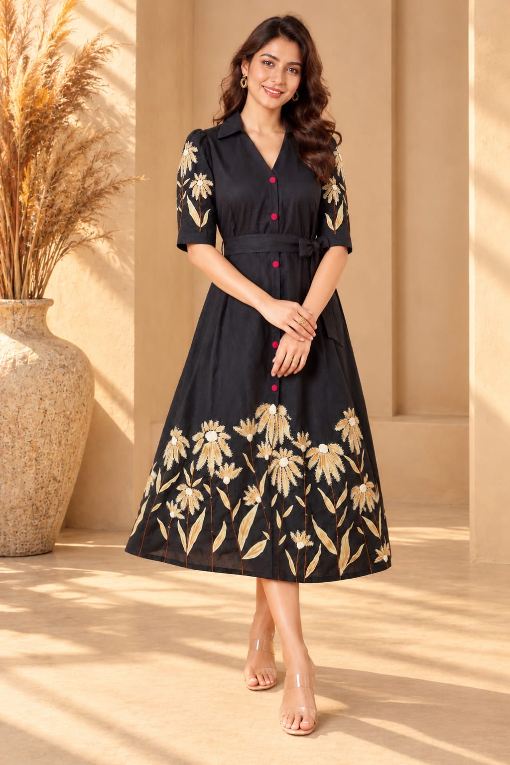 Women's hand-painted black dress by Crazy Needle Online, showcasing detailed artistic designs and elegant fabric.
