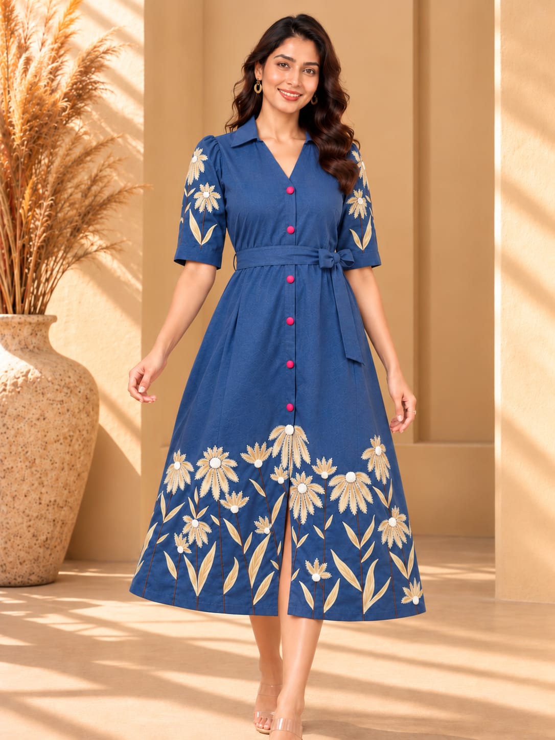 Women's hand-painted blue dress from Crazy Needle Online featuring intricate floral patterns and a flowing fabric design.