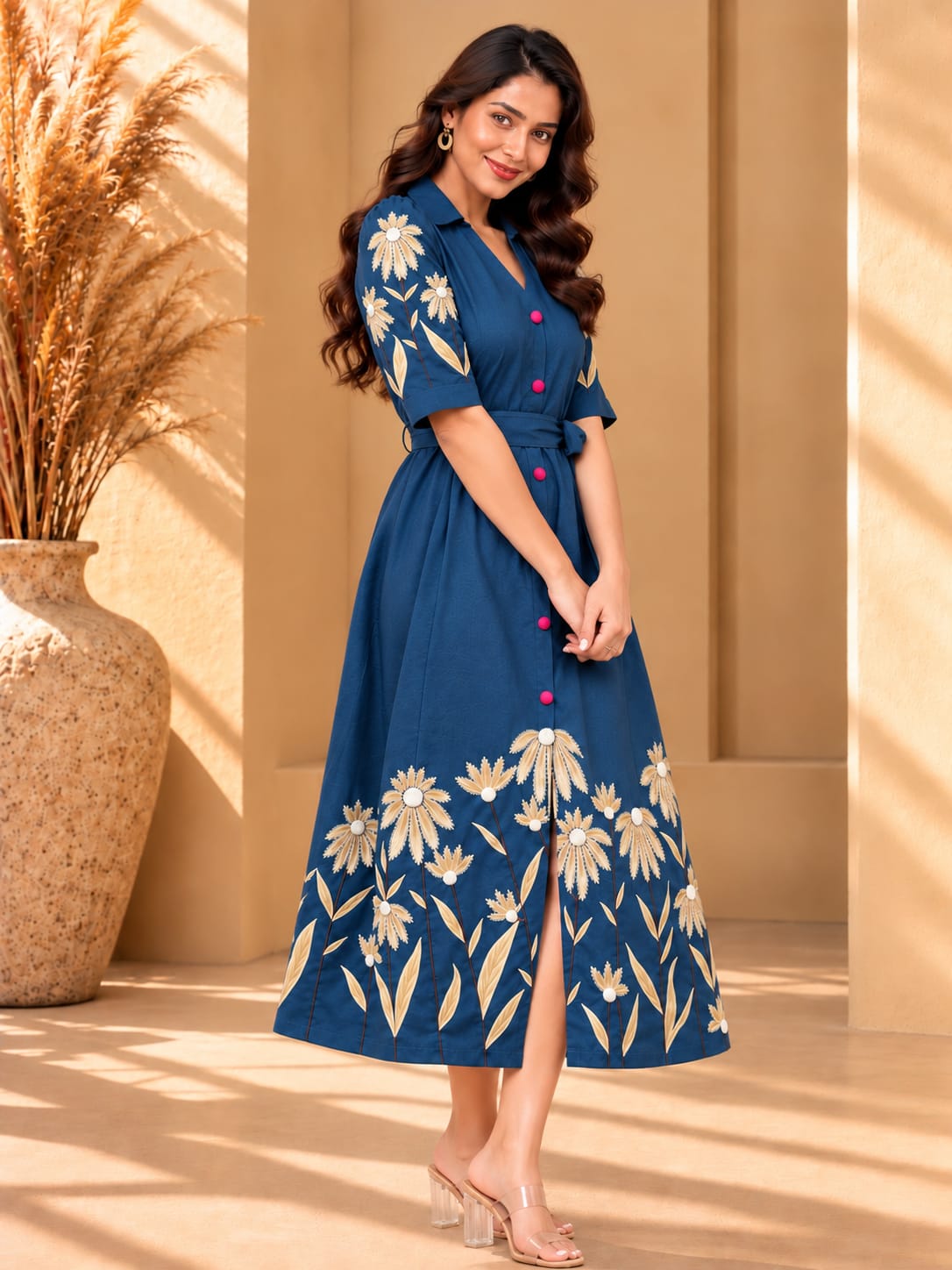 Women's hand-painted blue dress from Crazy Needle Online, featuring intricate floral patterns and flowing fabric.