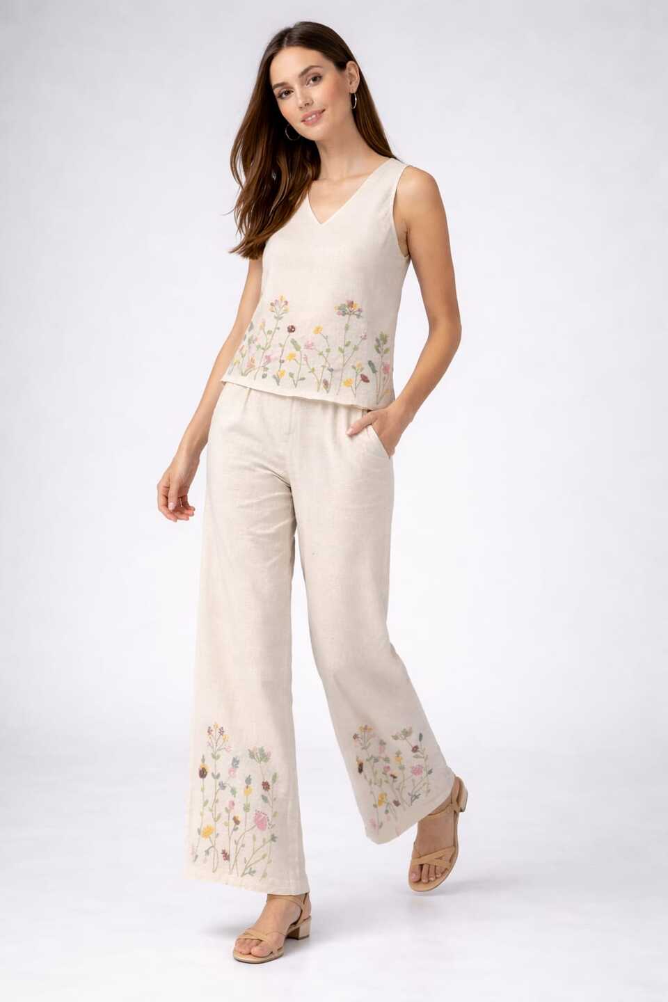 Women’s Cream Embroidered Co-Ord Set Sleeveless Top With Wide Leg Pants