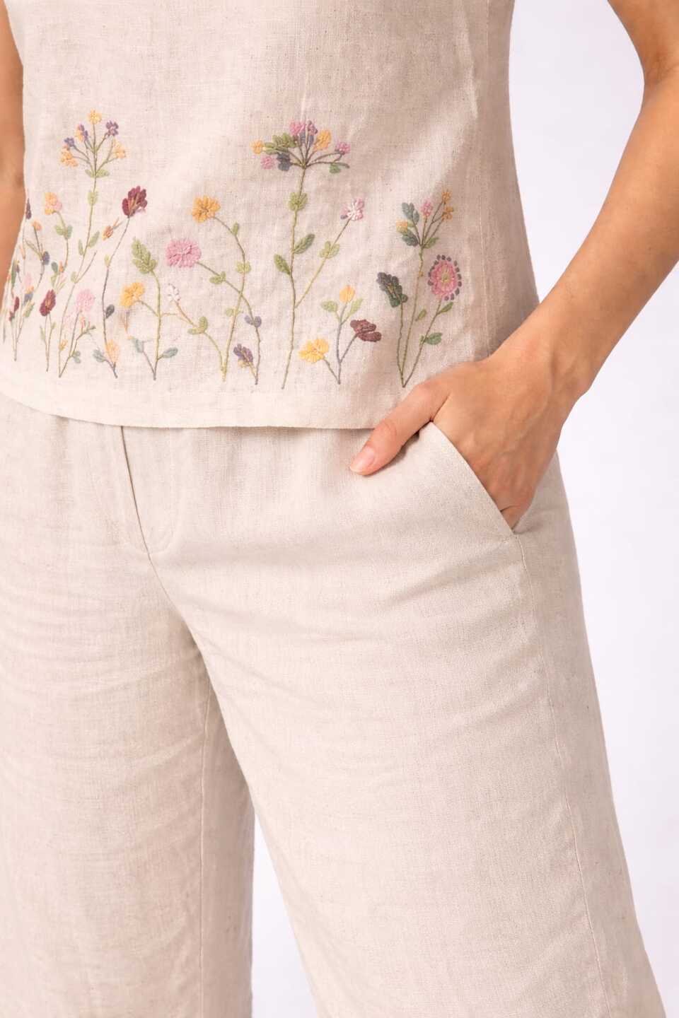 Women’s cream embroidered co-ord set with sleeveless top and wide-leg pants, stylish and comfortable casual outfit from Crazy Needle Online
