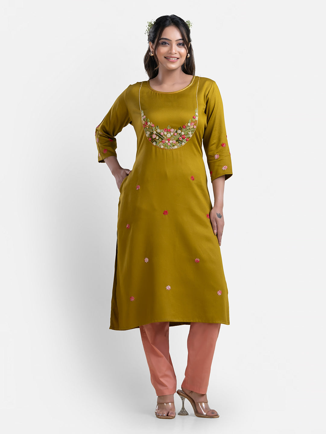 Women's 3/4th Sleeves Thread Work Yellow Kurti