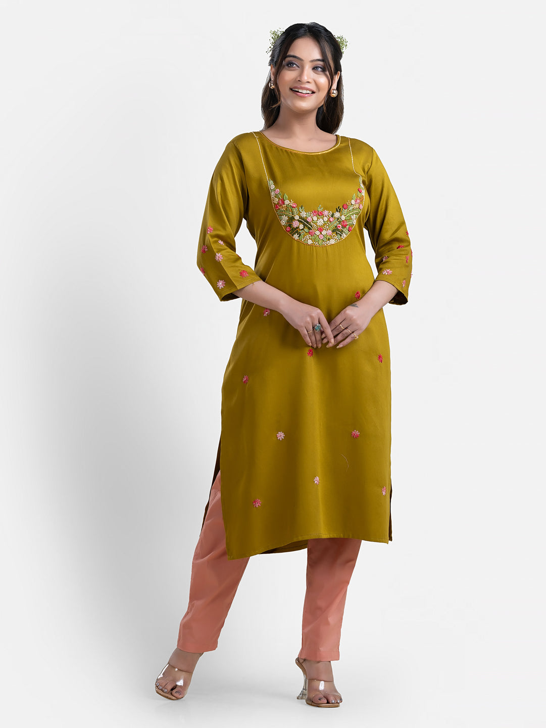 Women's 3/4th Sleeves Thread Work Yellow Kurti