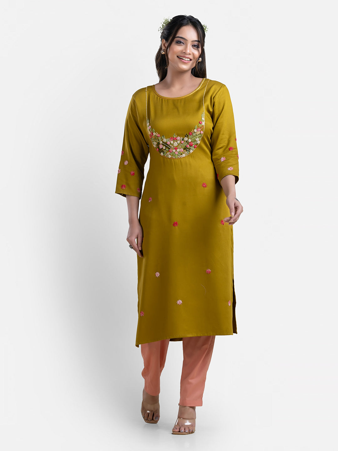 Women's 3/4th Sleeves Thread Work Yellow Kurti