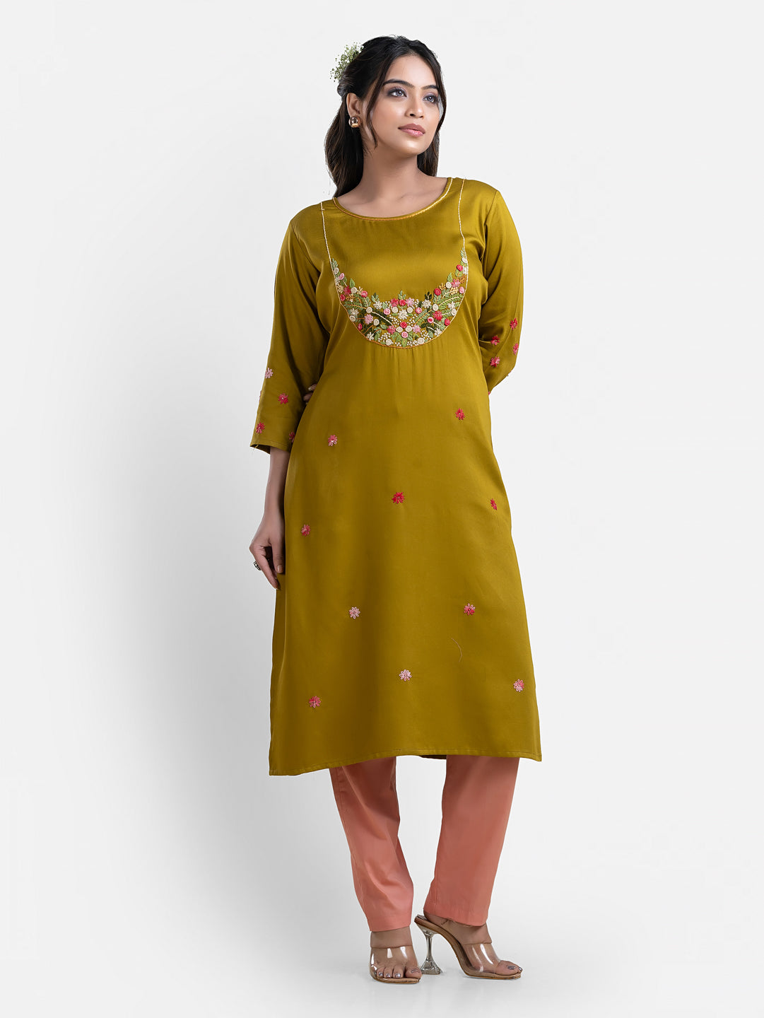 Women's 3/4th Sleeves Thread Work Yellow Kurti