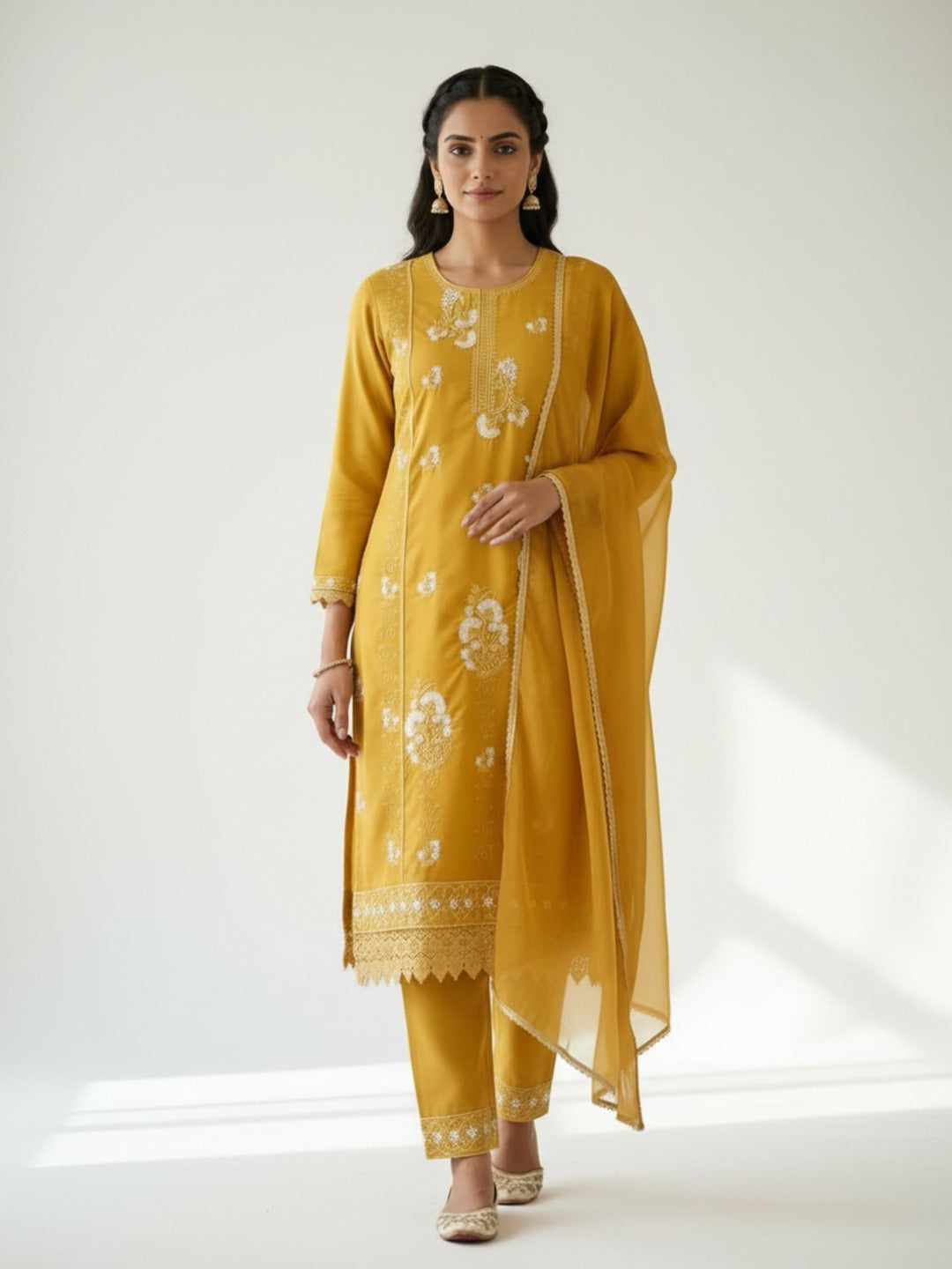 Three images of women's yellow thread work kurti pant set with dupatta by Crazy Needle Online, showcasing traditional embroidery and fabric details.