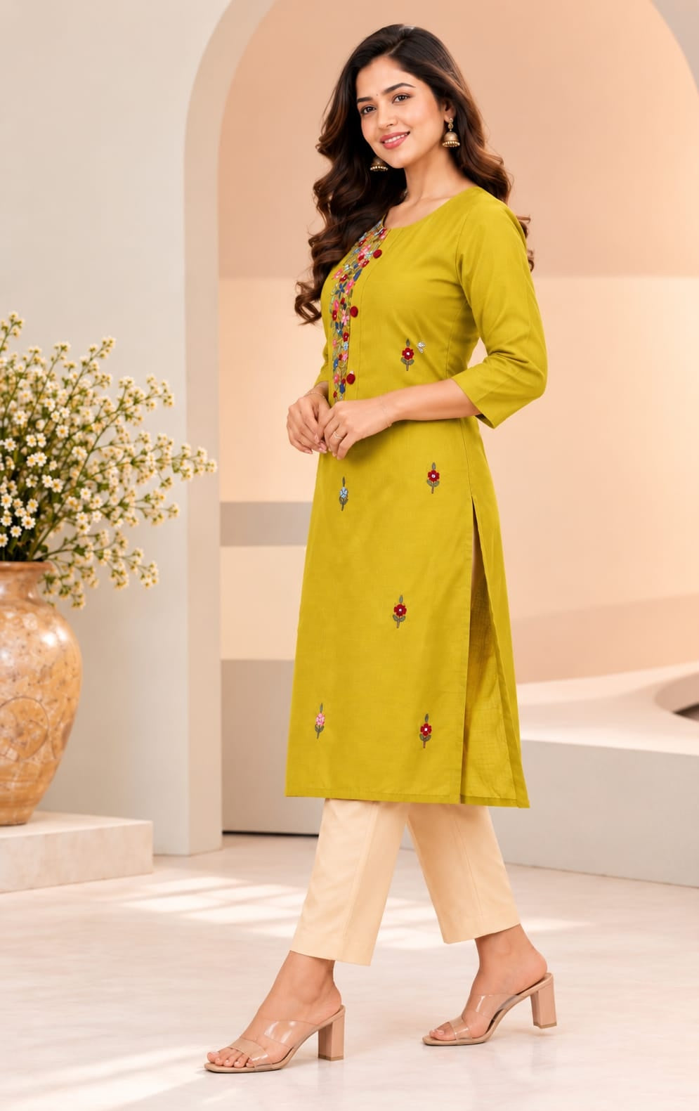Women's Yellow Threadwork Kurti