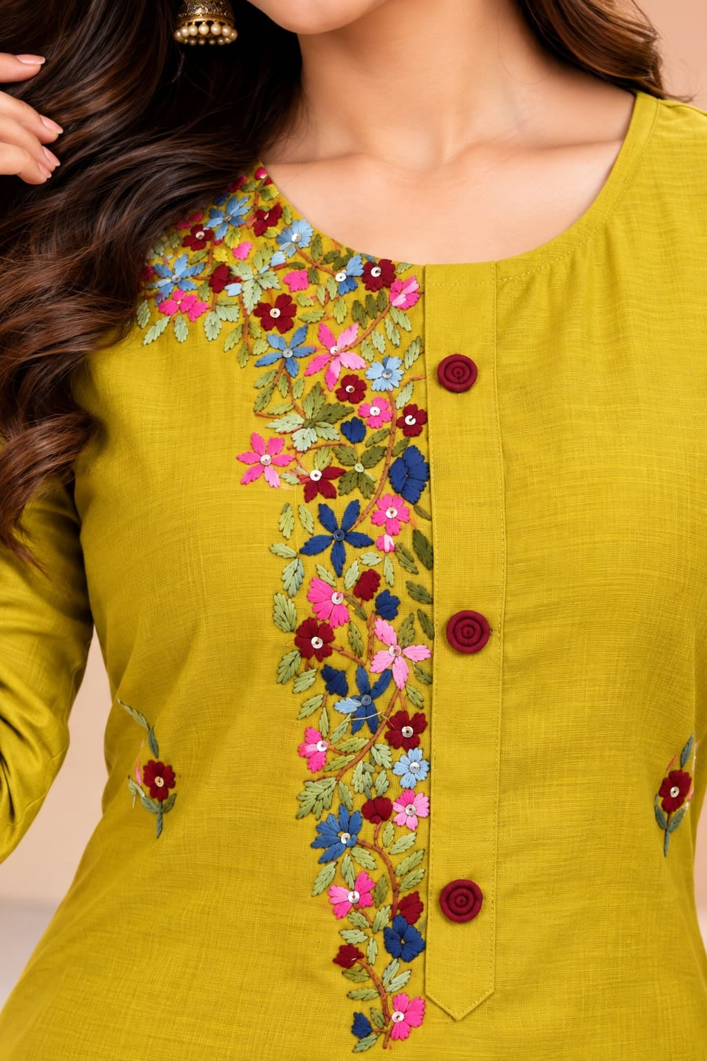 Women's Yellow Threadwork Kurti