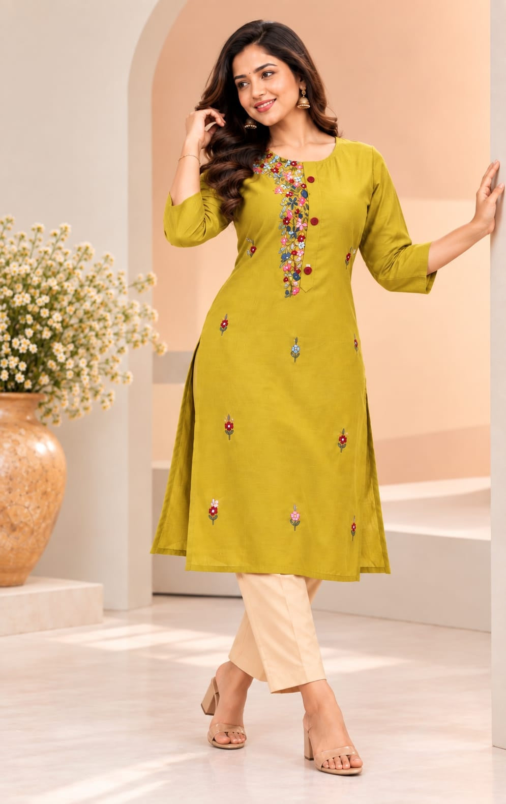 Women's Yellow Threadwork Kurti