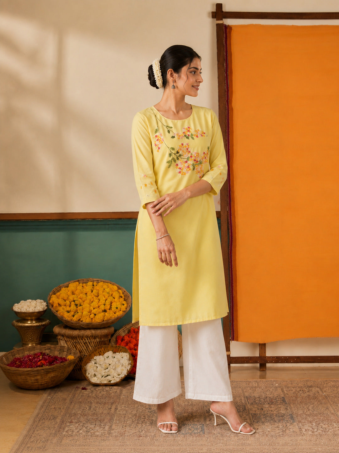 Women's Floral Embroidered Yellow Kurta