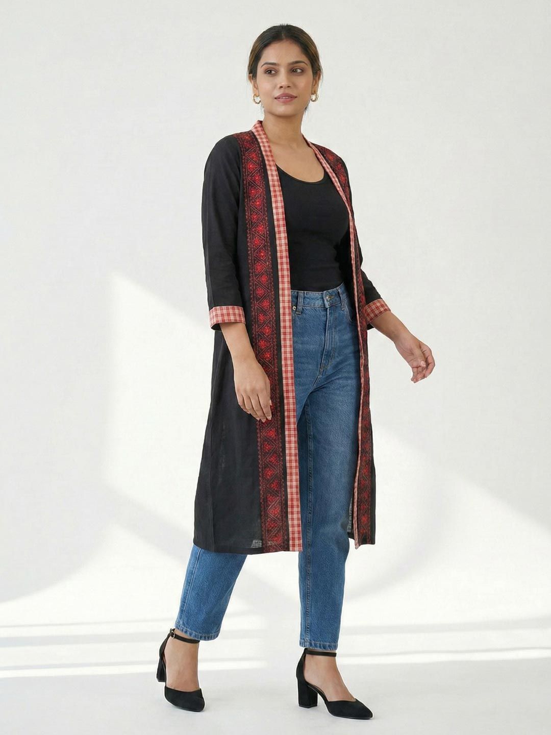 Women's black long cotton shrug by Crazy Needle Online, open-front design and full-length sleeves