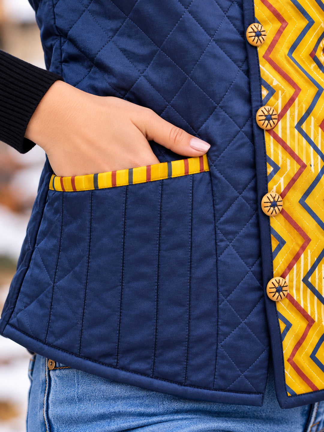 Women's multicolour jacket by Crazy Needle Online with a stylish, vibrant design and casual fit, displayed on a hanger.