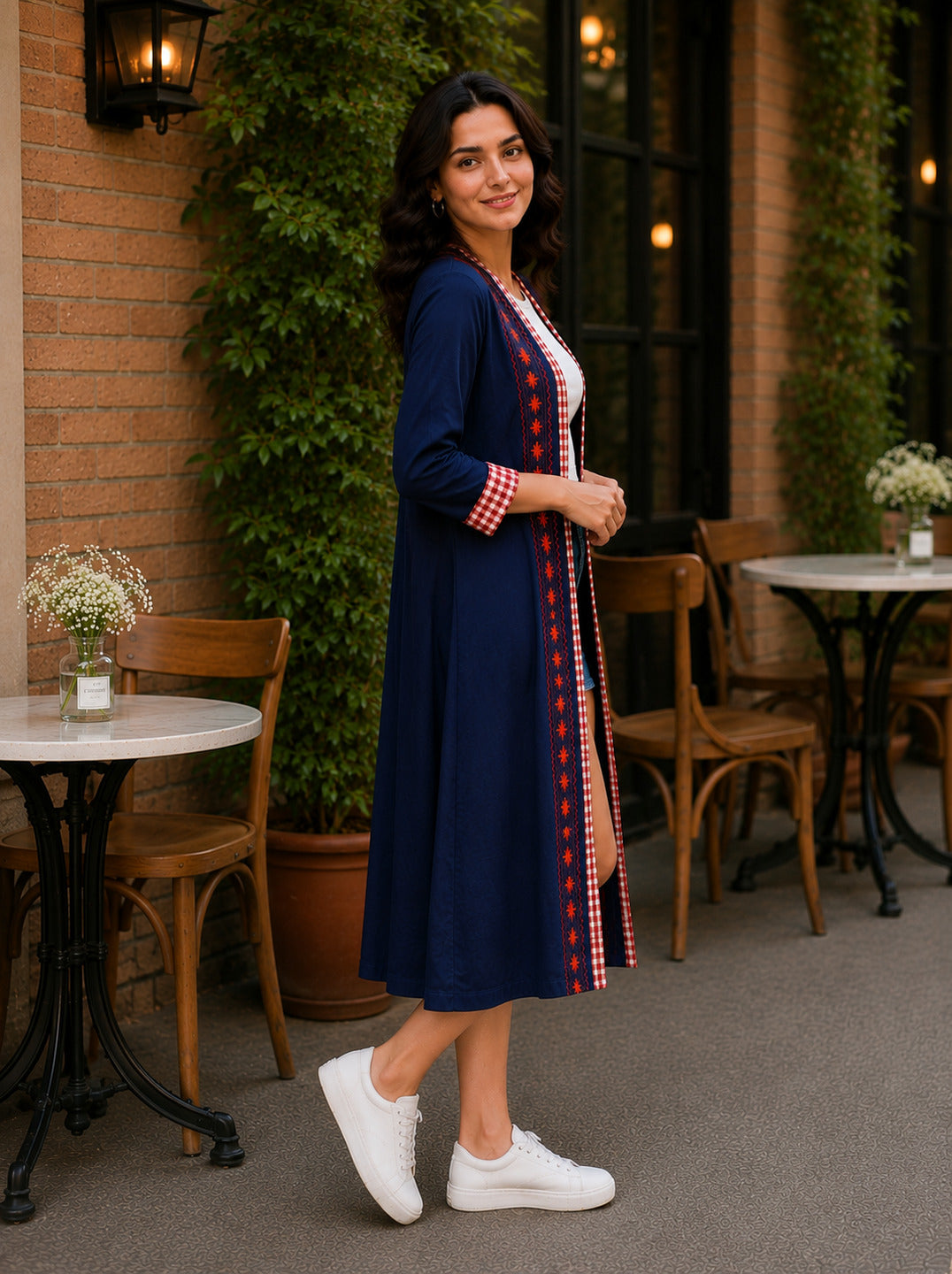 Women's navy cotton shrug by Crazy Needle Online, showing long sleeve design and soft fabric texture.