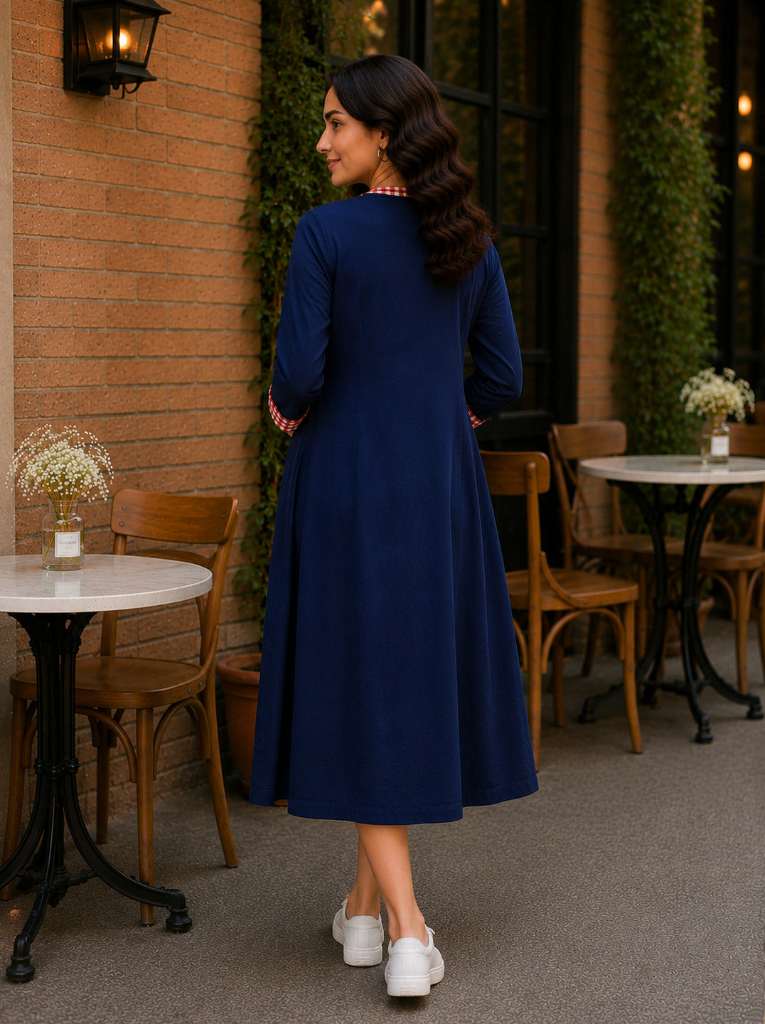 Women’s navy long cotton shrug from Crazy Needle Online, displayed on a hanger with a relaxed fit and soft fabric.