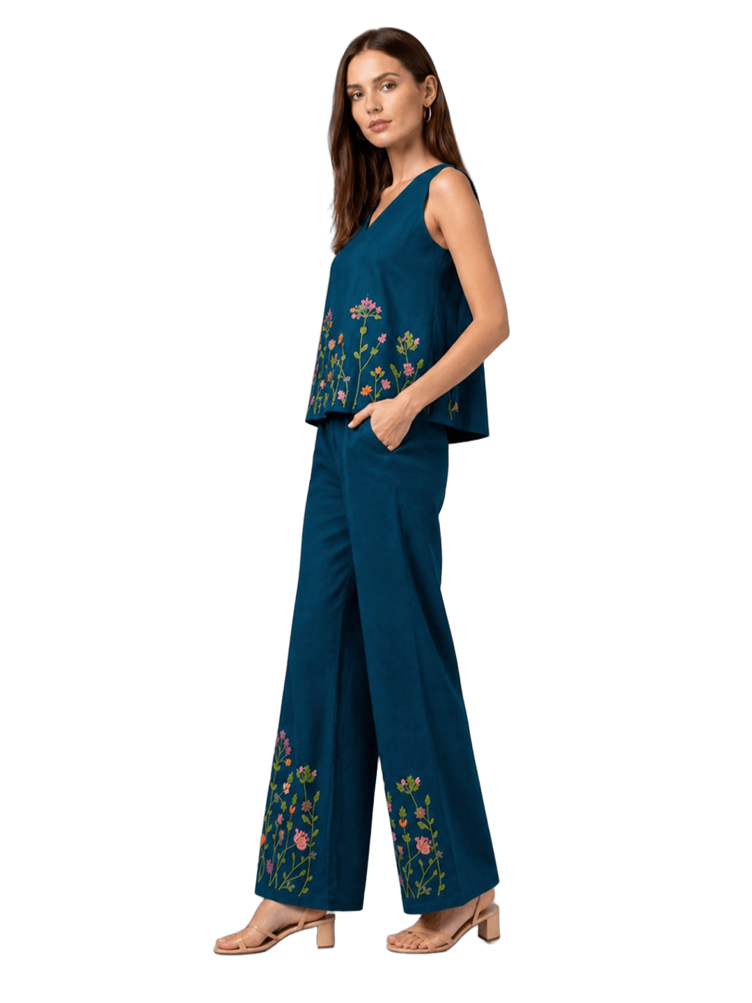 Women’s blue embroidered co-ord set with sleeveless top and wide-leg pants, stylish casual wear by Crazy Needle Online.