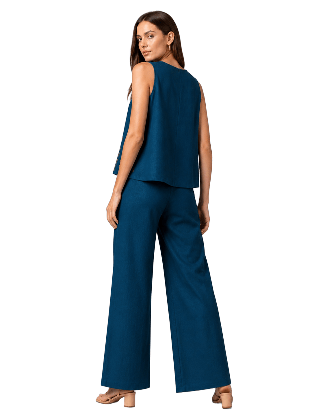 Women’s blue embroidered co-ord set with sleeveless top and wide-leg pants, stylish and comfortable from Crazy Needle Online.
