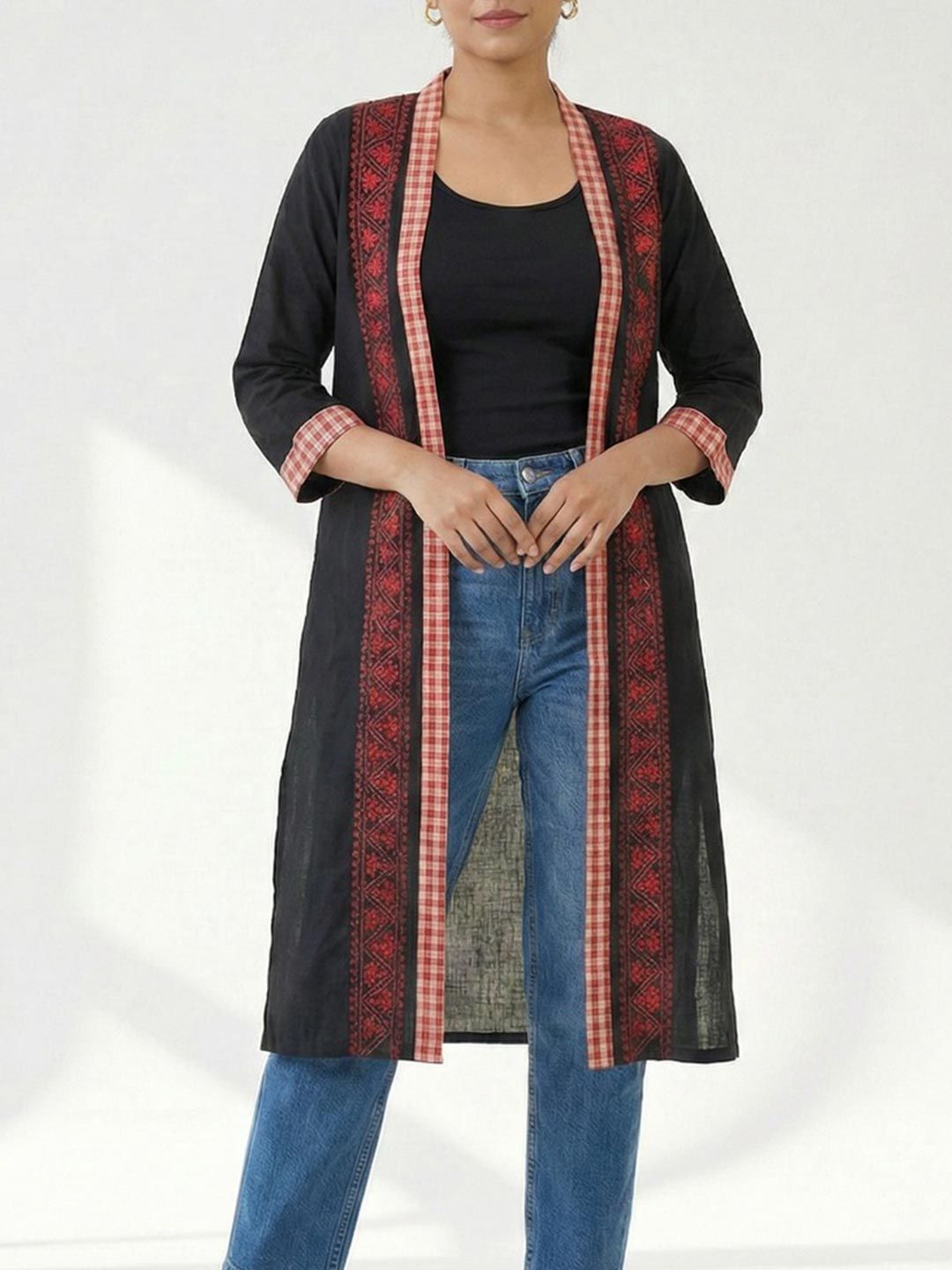 Women's black long cotton shrug by Crazy Needle Online, full-length open-front design