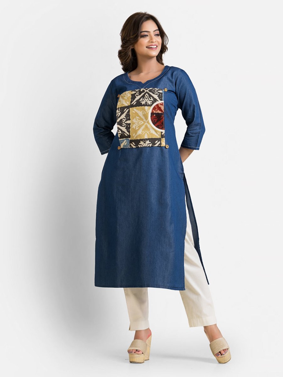 Women's Ajrakh Patchwork Denim Blue Kurta - Crazy Needle Online
