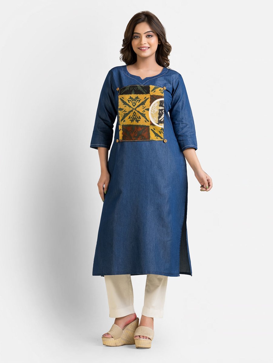 Women's Ajrakh Patchwork Denim Kurta - Crazy Needle Online