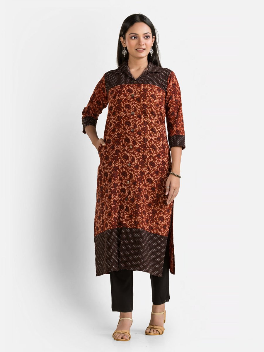 Women's Ajrakh Printed Maroon Collar Kurti - Crazy Needle Online