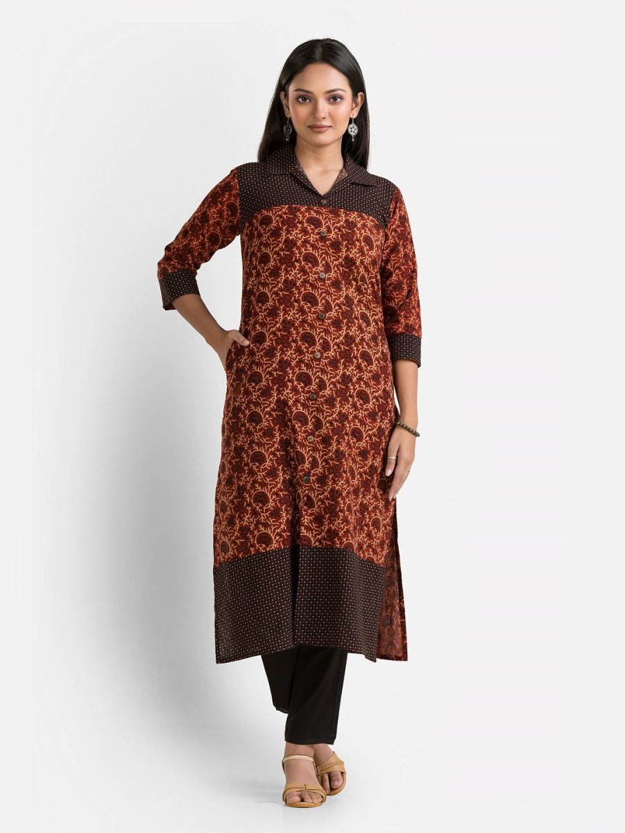 Women's Ajrakh Printed Maroon Collar Kurti - Crazy Needle Online