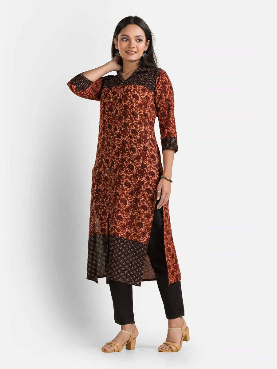 Women's Ajrakh Printed Maroon Collar Kurti - Crazy Needle Online