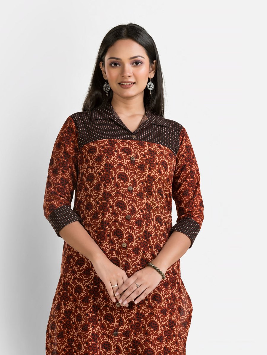 Women's Ajrakh Printed Maroon Collar Kurti - Crazy Needle Online