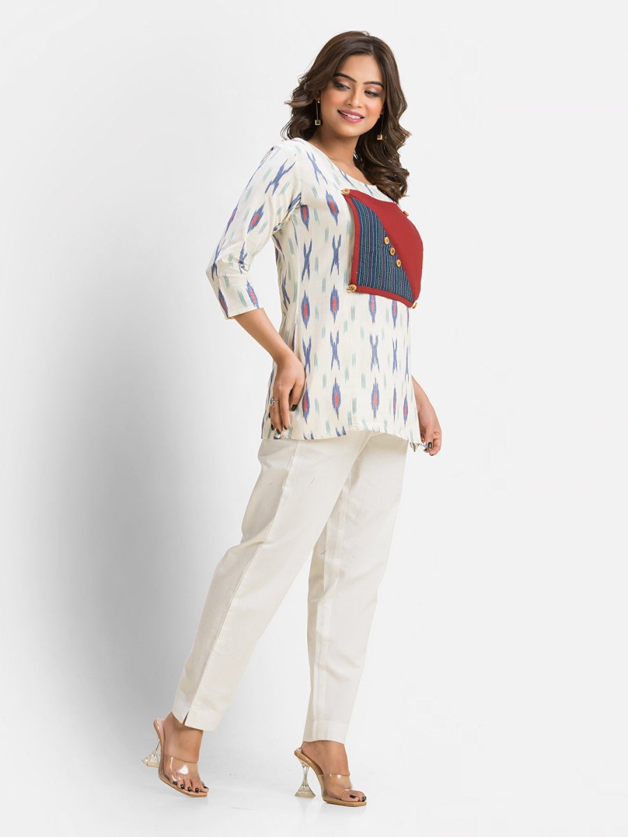 Women's Cotton Ikkat Patchwork White Top - Crazy Needle Online