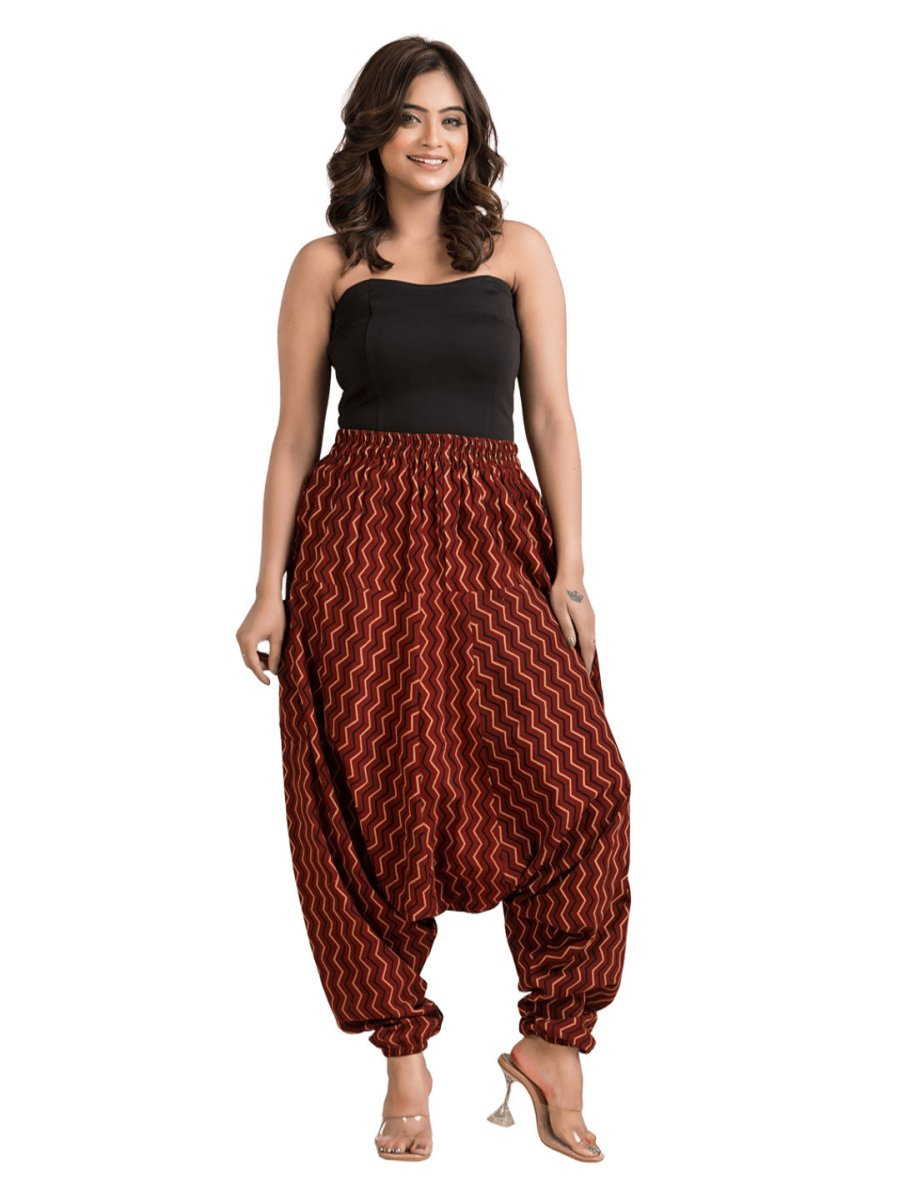 Women's Cotton Maroon Ajrakh Grometric Printed Harem Pant - Crazy Needle Online