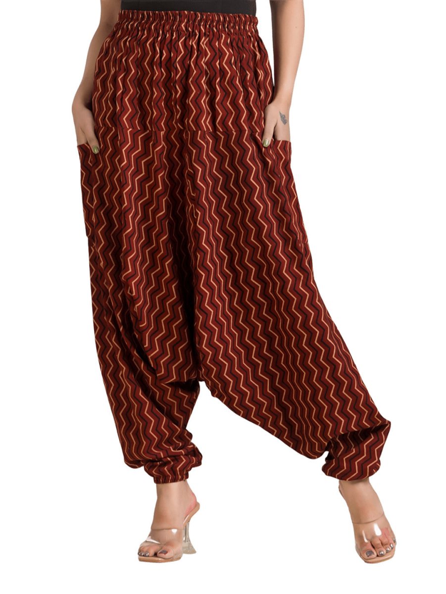 Women's Cotton Maroon Ajrakh Grometric Printed Harem Pant - Crazy Needle Online